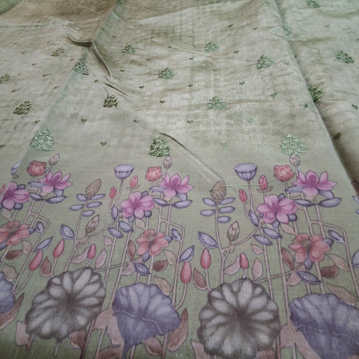 Tussar Silk Saree in Olive Green with Detailed Digital Floral Print