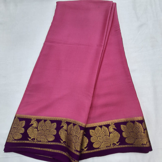 Pure Mysore Crepe Silk Saree in Baby Pink & Purple with Rich Contrast Border
