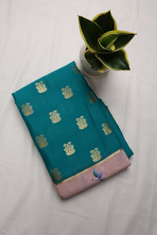Gold Zari Floral & Swan Print Semi Crepe Saree