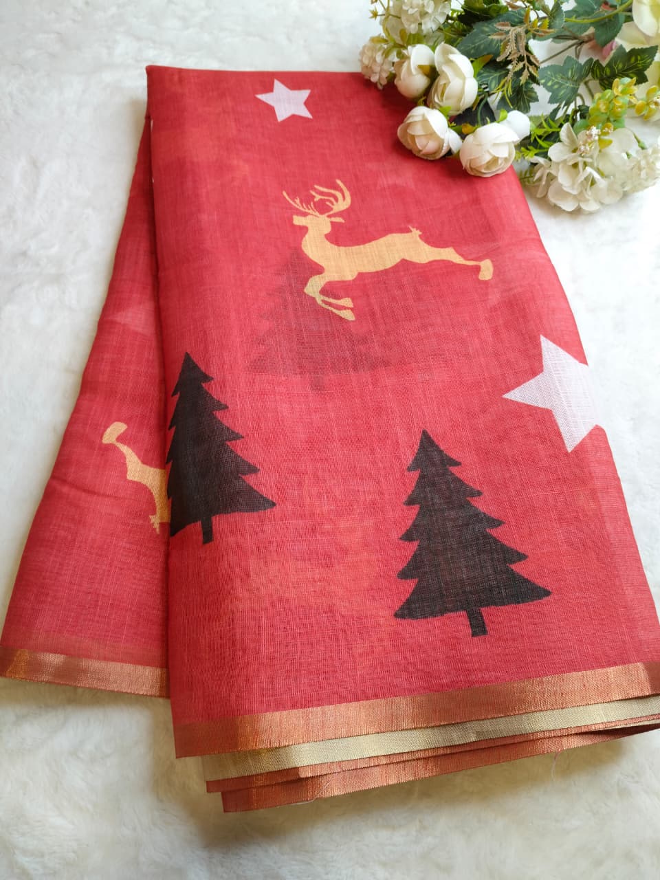 Christmas Special Red Color Linen Sarees (Code - LN-02)