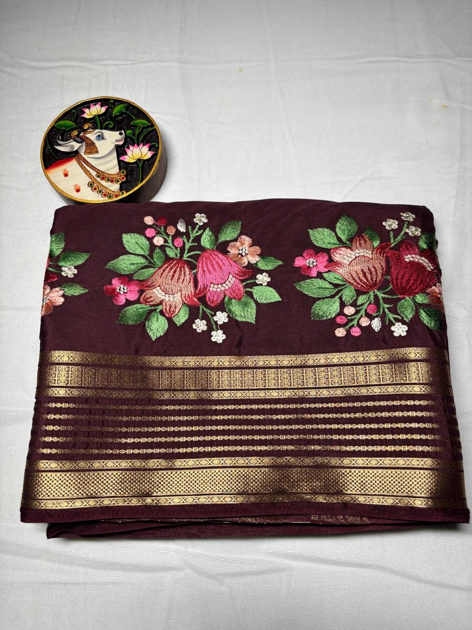 Premium Semi Crepe Saree with Petite Floral Embroidery & Traditional Zari Border | Designer Wedding, Festive & Party Wear Saree for Women