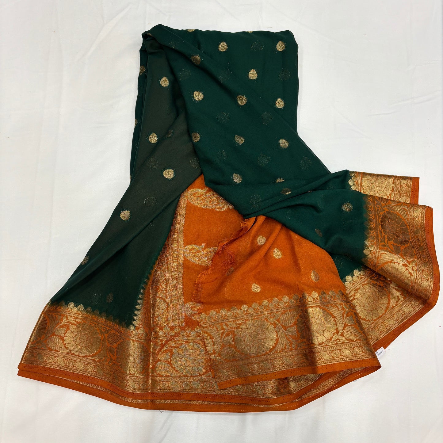 Premium Semi Crepe Saree for Women | Elegant Butta Design with Gold Zari Border | Festive, Wedding & Traditional Wear | Radha By Rapid Rashmi