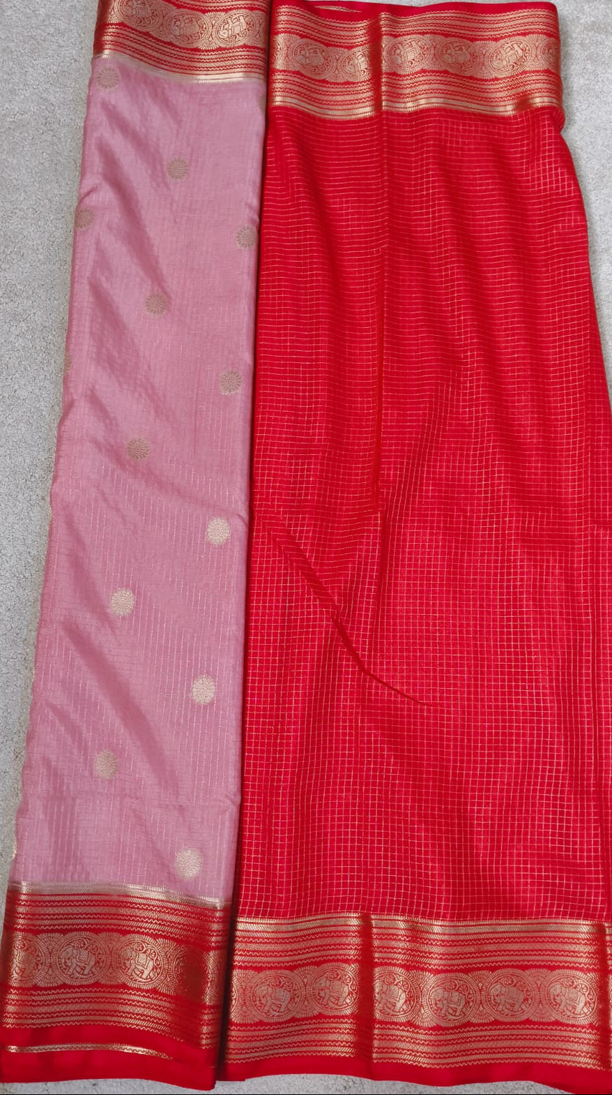 Premium Semi Silk Saree – Baby Pink with Red Elephant Zari Border(Code SS-16)