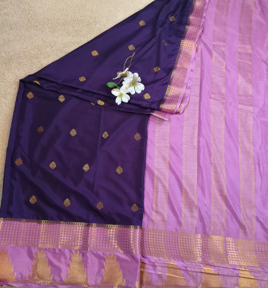 Dark Blue Semi Silk Saree with Lavender Temple Zari Border(Code SS-18)