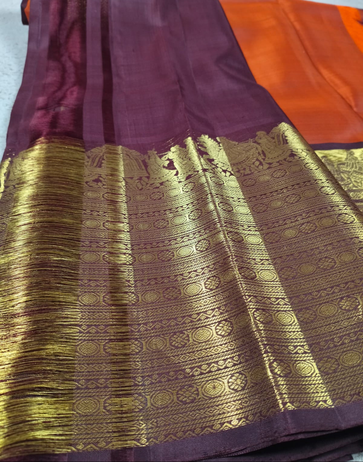 Turning Border Pure Silk Saree – Rush Orange with Maroon Pallakki Border(Code PSS-01)