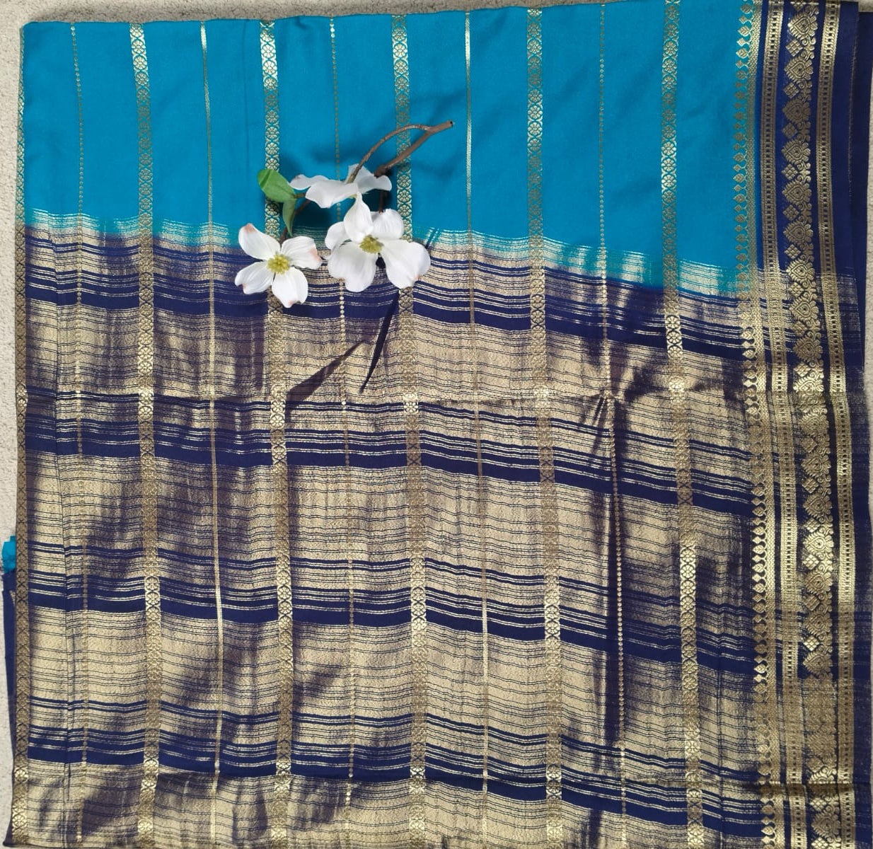 Sky Blue Semi Silk Saree with Dark Blue Contrast(Code SS-24)