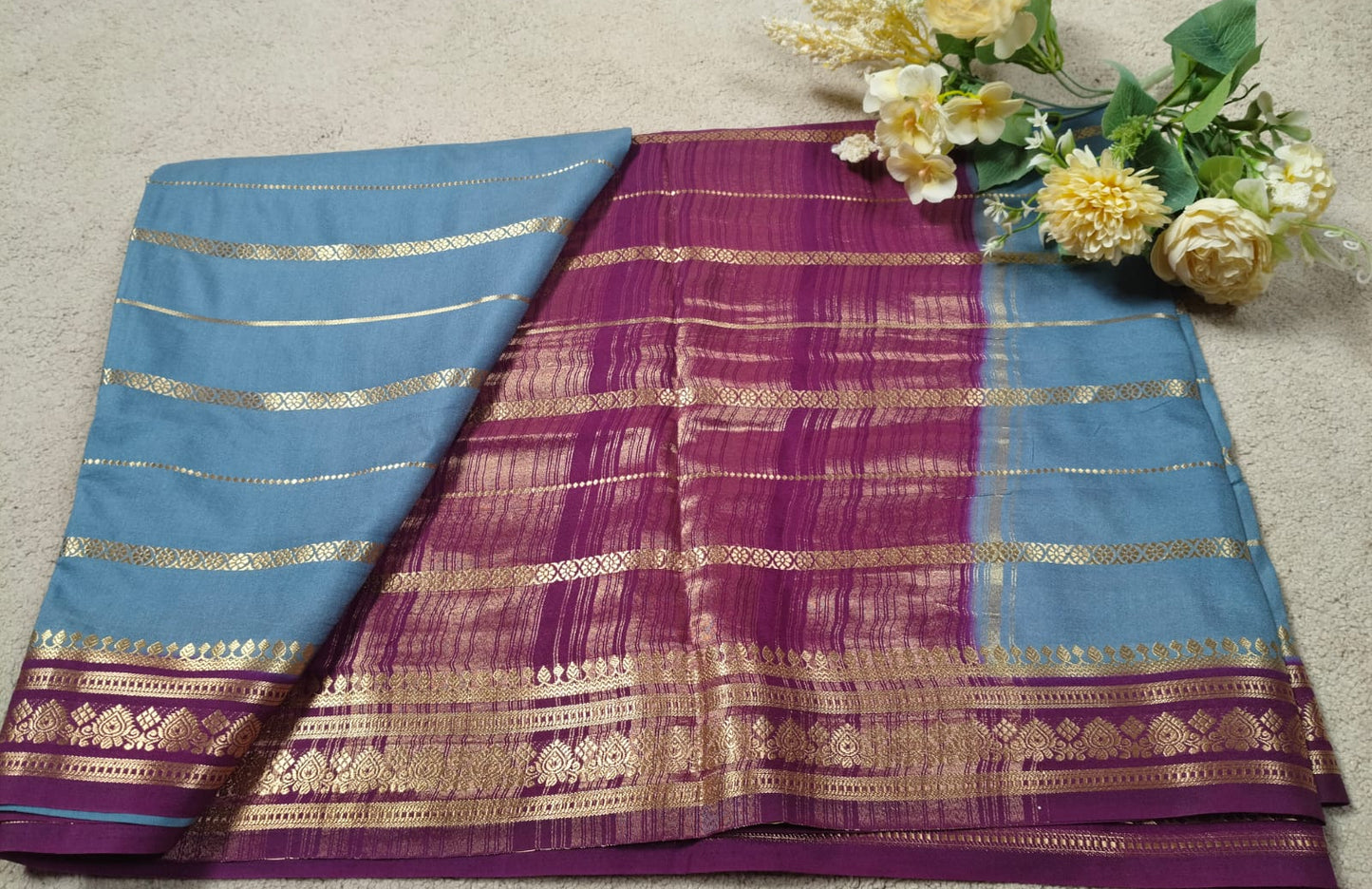 Slate Blue Semi Silk Saree with Reddish Purple Paisley Zari Border(Code SS-25)