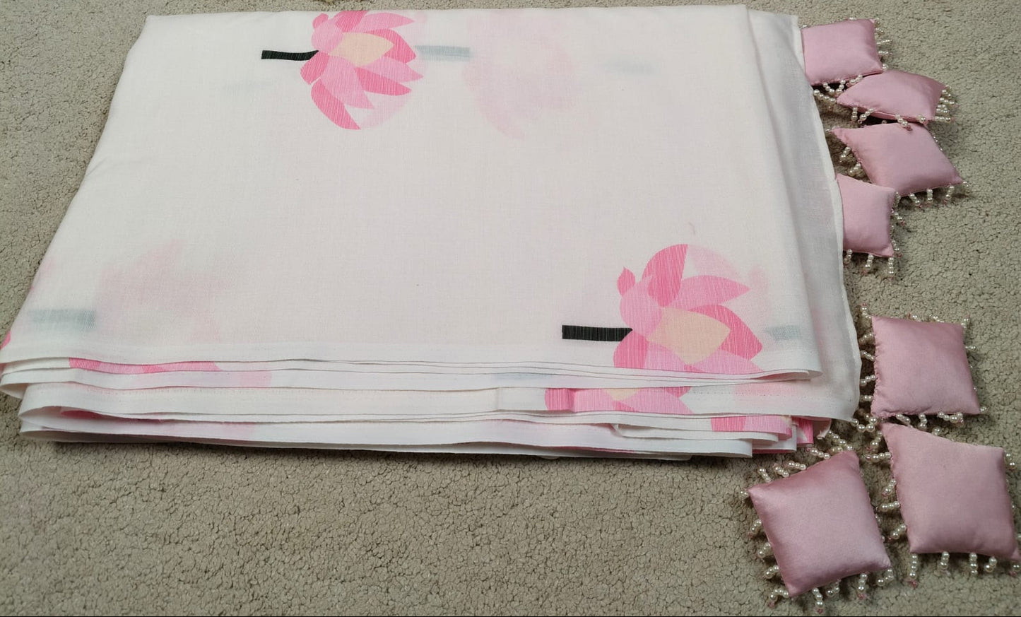 Pink Lotus Print Saree with Beaded Tassels(Code PLP-01)