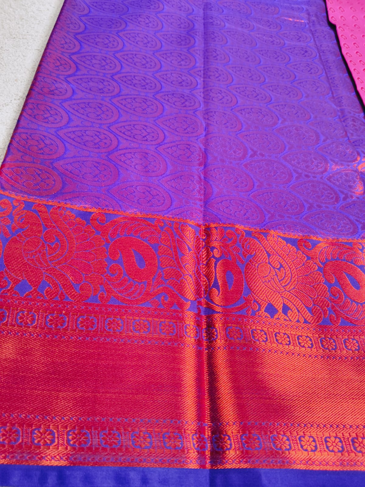 Kanchi Semi Silk Saree – Pink Body with Purple Big Peacock Zari Border(KSS-01)