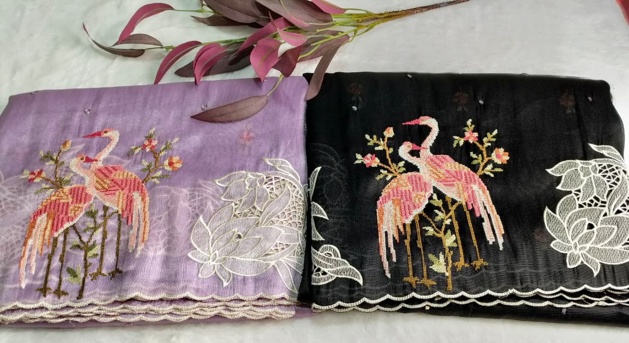 Pure Tissue Organza Saree with Cutwork & Flamingo Appliqué Work(Code FTS-07)