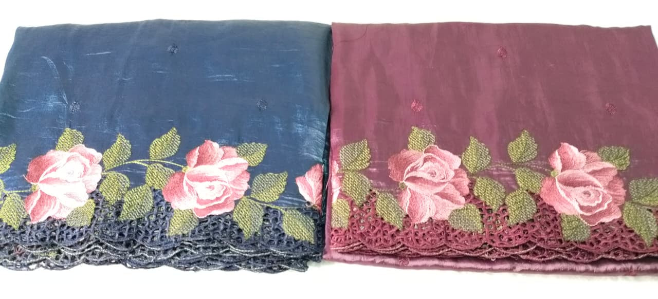 Crush Tussar Saree With Korean Machinery Floral Work(Code FTS-05)