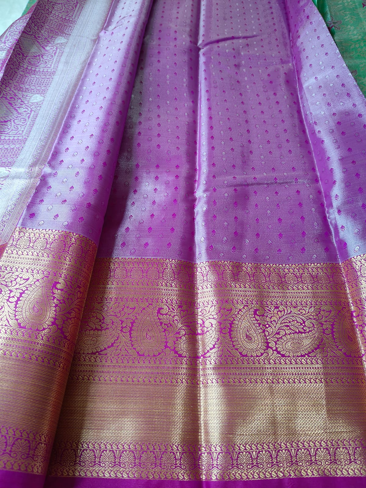 Mint Green Floral Pattu Silk Saree with Magenta Zari Border-BT-01