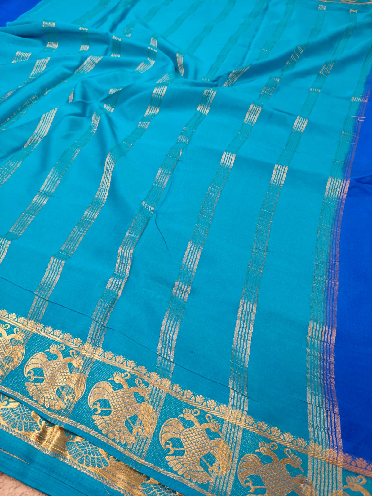 Royal Blue Semi Mysore Crepe Silk Saree with Peacock Zari Border-SS-89