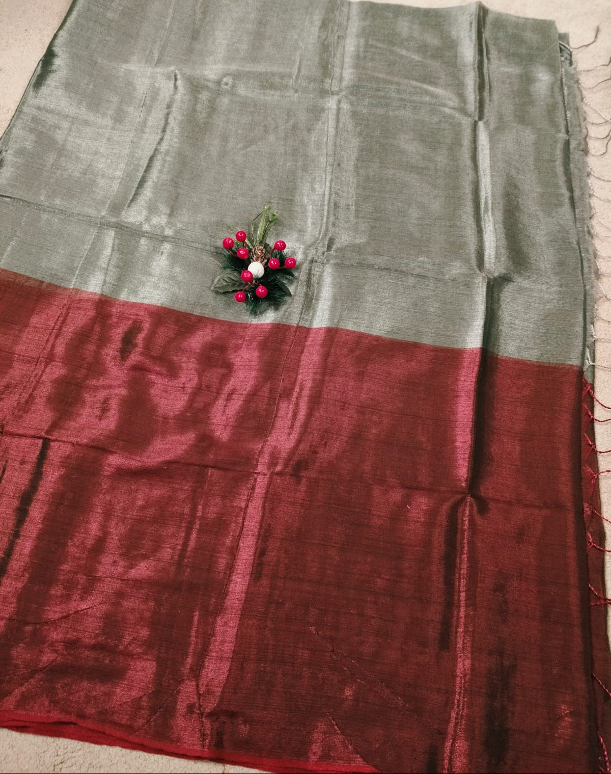 Mul Tissue Saree – Maroon and Green(Code MMT-04)