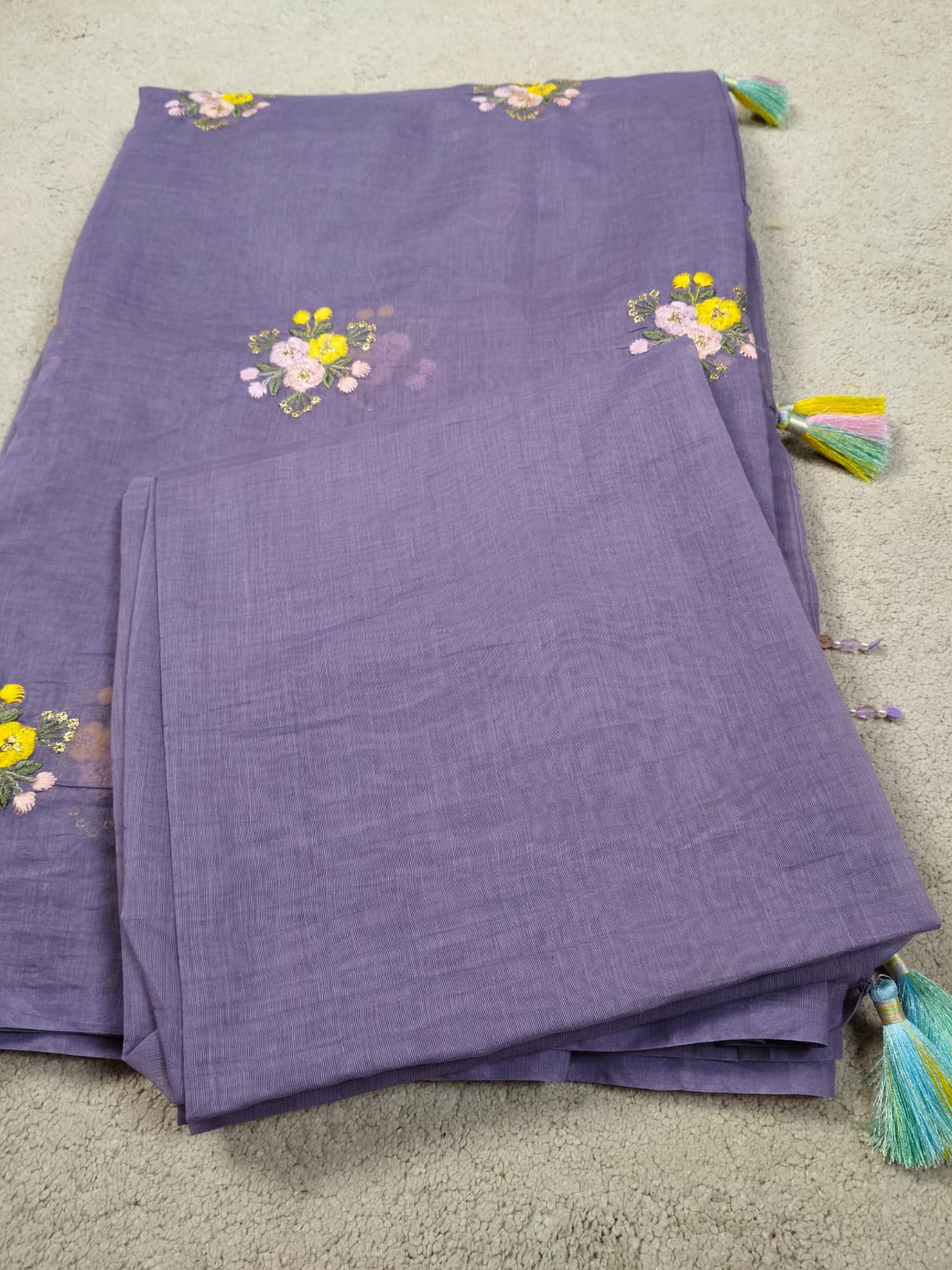 Pure Mul Chanderi Embroidery Saree (Floral without Butta) with Blouse Piece(Code PMCE-03)