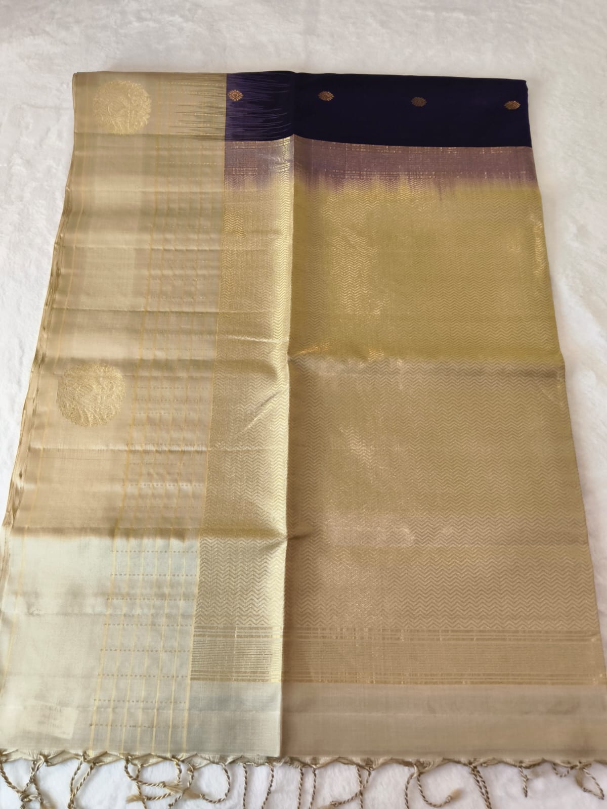 Pure Silk Saree – Cream & Royal Purple(Code PSS-22)