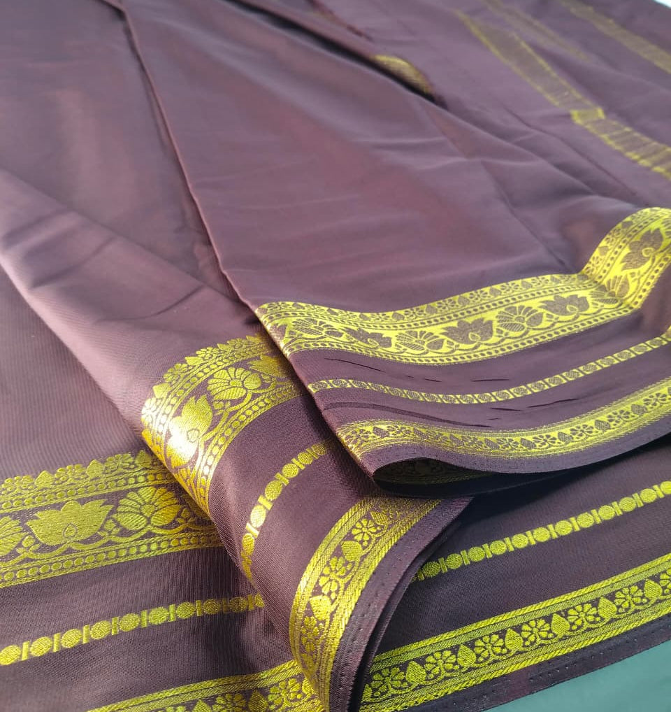 Premium Semi Crepe saree - Dark Chocolate Brown with Gold Zari Border(SS-34)