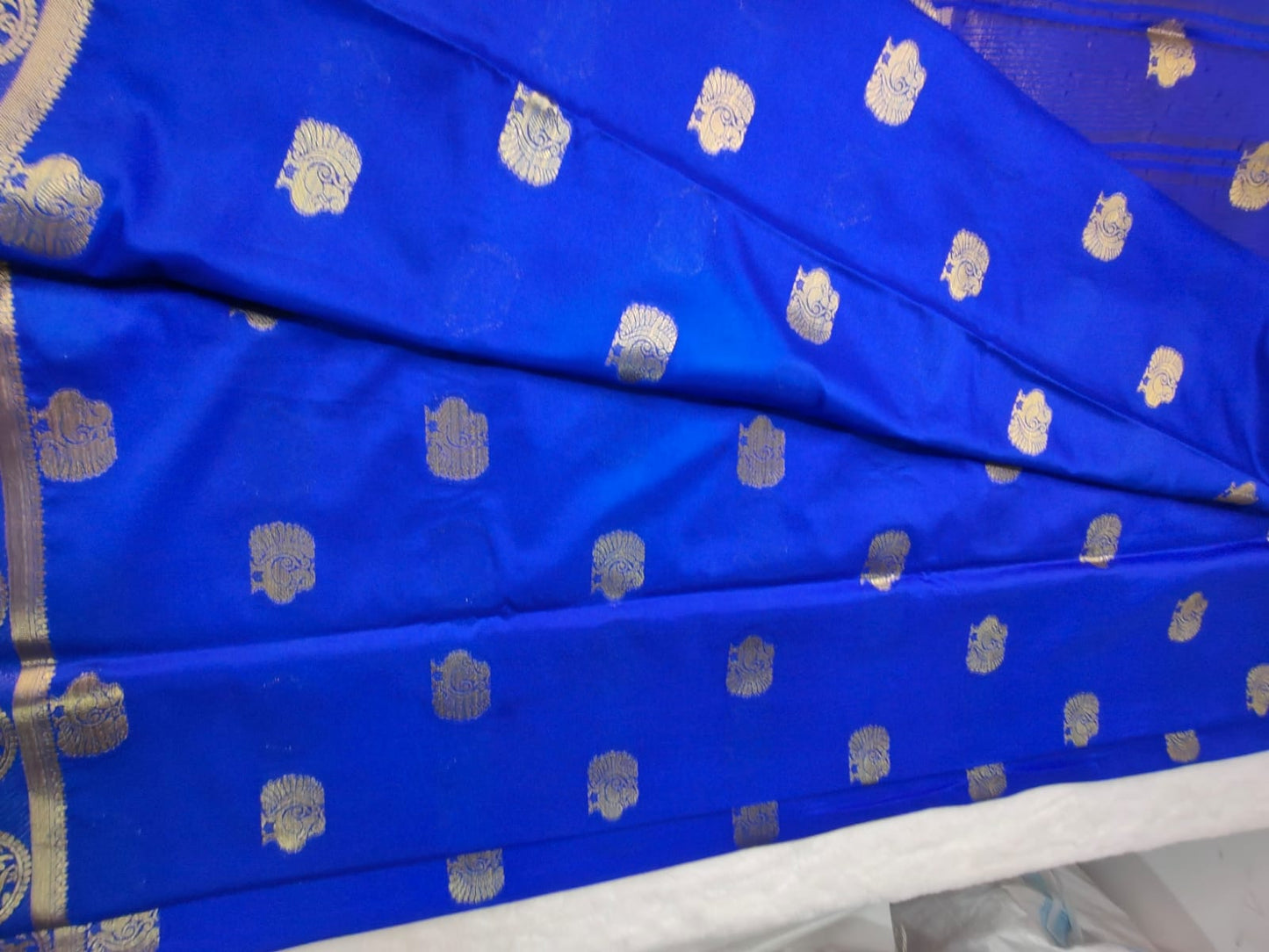 Royal Blue Semi Silk Gadwal Saree with Gold Zari Peacock Border - SS-96