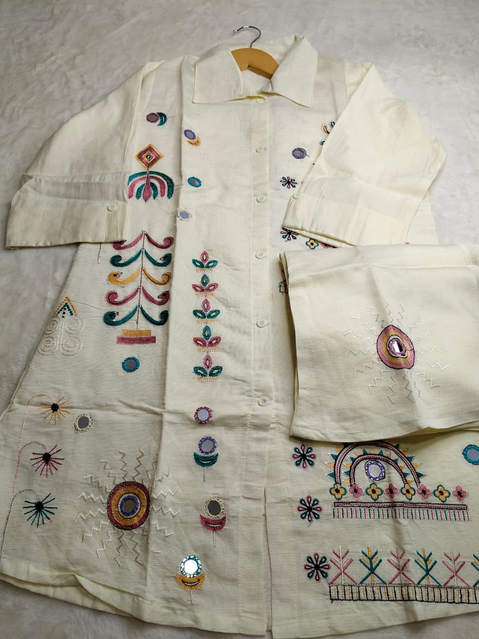 Elegant Off White Cotton Kurti with Mirror and Thread work Cord Set(Code - RS-43 )