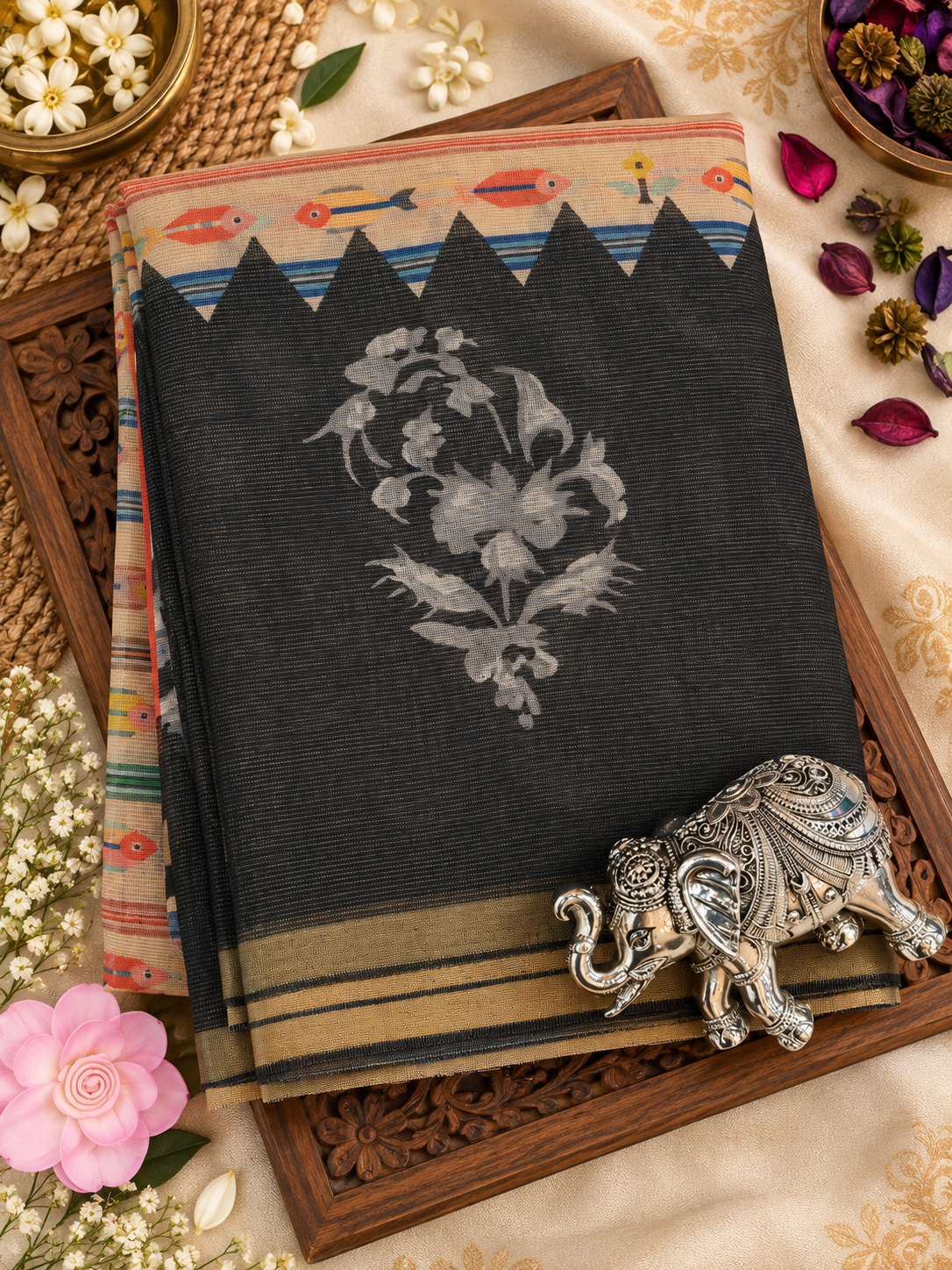 Elegant Beige Saree with Multicolour Fish Motifs, Floral Details & Black Red Woven Border