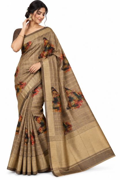 Elegant Brown & Antique Gold Semi Silk Saree with Butterfly Motif & Traditional Woven Border