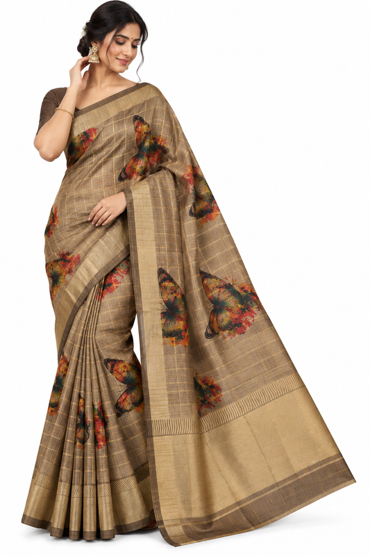 Elegant Brown & Antique Gold Semi Silk Saree with Butterfly Motif & Traditional Woven Border