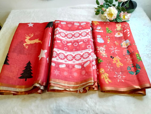 Christmas Special Red Color Linen Sarees (Code - LN-02)