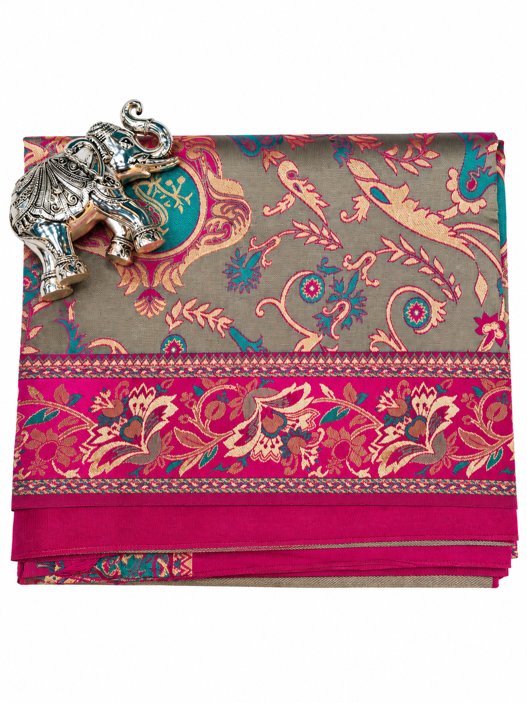 Elegant Grey & Magenta Semi Silk Saree with Paisley Floral Motifs & Woven Border