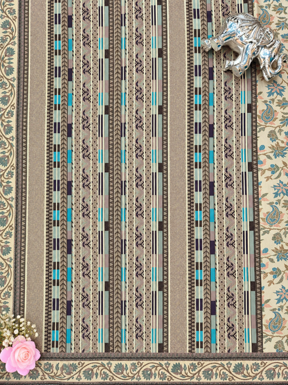 Elegant Beige Saree with Multicolour Fish Motifs, Floral Details & Black Red Woven Border
