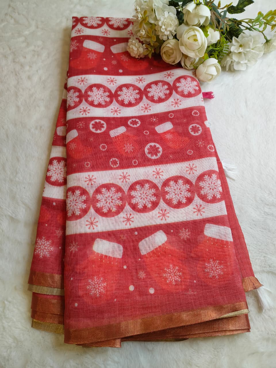 Christmas Special Red Color Linen Sarees (Code - LN-02)