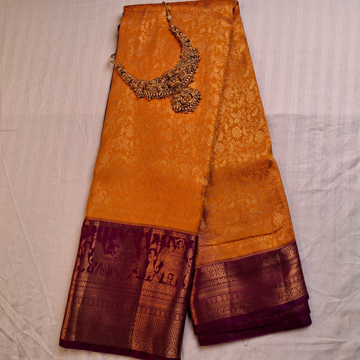 Semi Kanchipuram Silk Saree in Orange & Purple with Rich Contrast Design