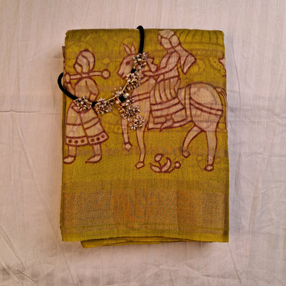 Linen Saree in Mustard Yellow with Traditional Figurative Artwork