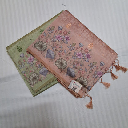Tussar Silk Saree in Olive Green with Detailed Digital Floral Print