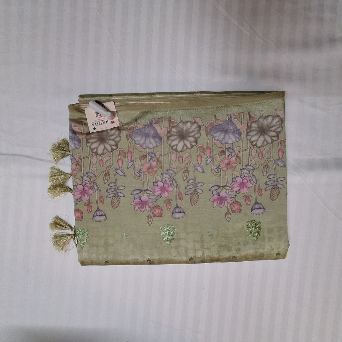 Tussar Silk Saree in Olive Green with Detailed Digital Floral Print