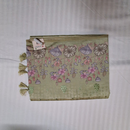 Tussar Silk Saree in Olive Green with Detailed Digital Floral Print