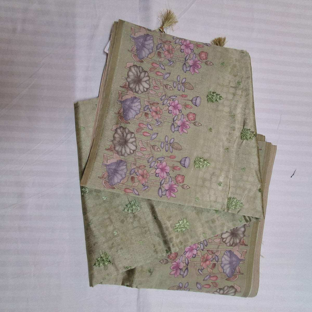 Tussar Silk Saree in Olive Green with Detailed Digital Floral Print