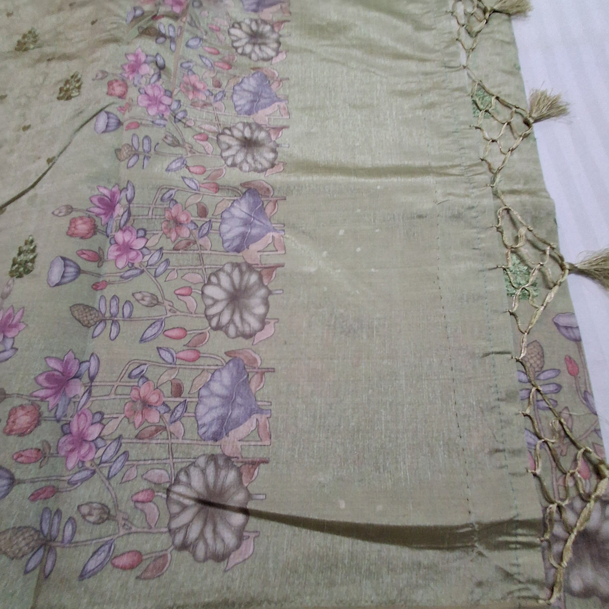 Tussar Silk Saree in Olive Green with Detailed Digital Floral Print