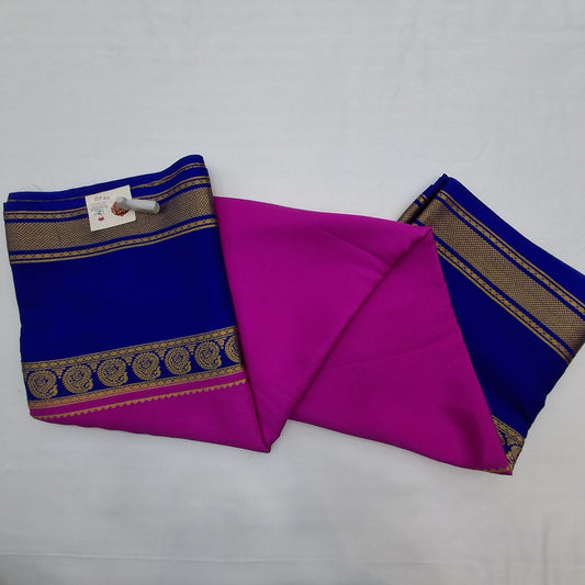 Pure Mysore Crepe Silk Saree in Pink & Royal Blue with Heritage Design