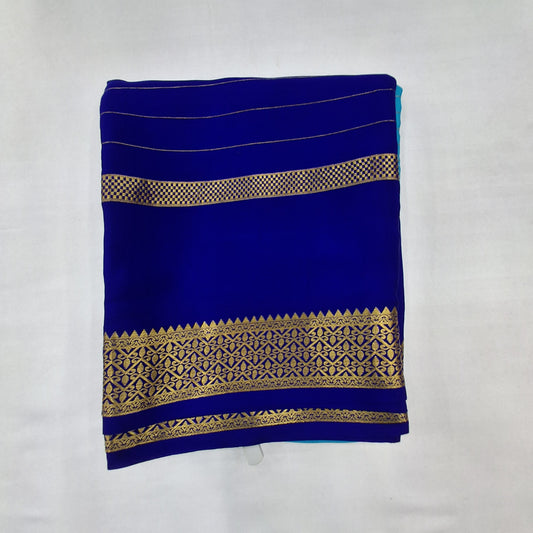 Pure Mysore Crepe Silk Saree in Blue with Striking Royal Blue Dual-Tone Contrast