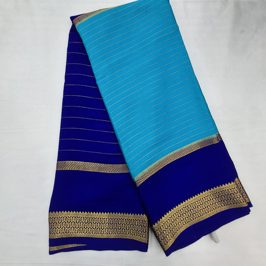 Pure Mysore Crepe Silk Saree in Blue with Striking Royal Blue Dual-Tone Contrast