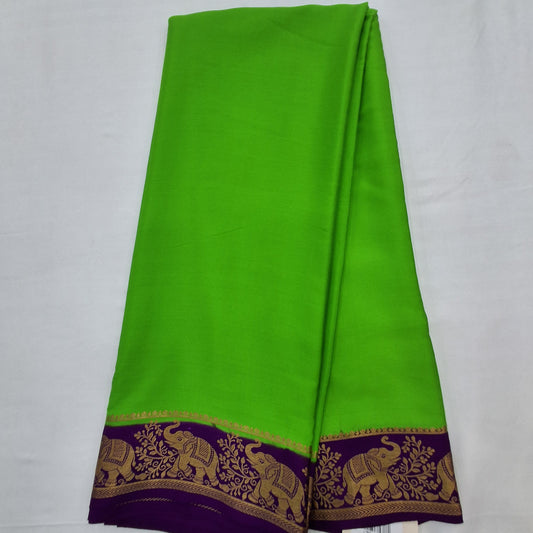 Pure Mysore Crepe Silk Saree in Parrot Green & Purple with Traditional South Indian Design