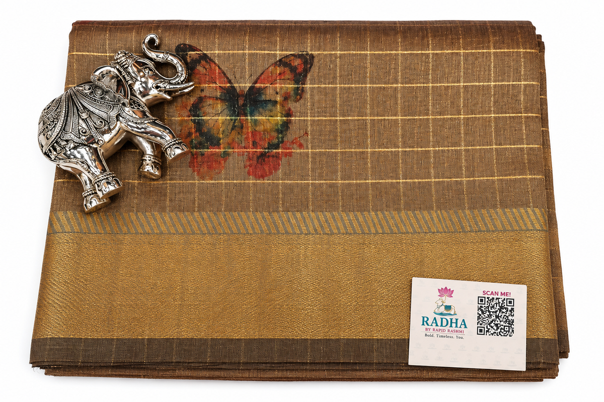 Elegant Brown & Antique Gold Semi Silk Saree with Butterfly Motif & Traditional Woven Border