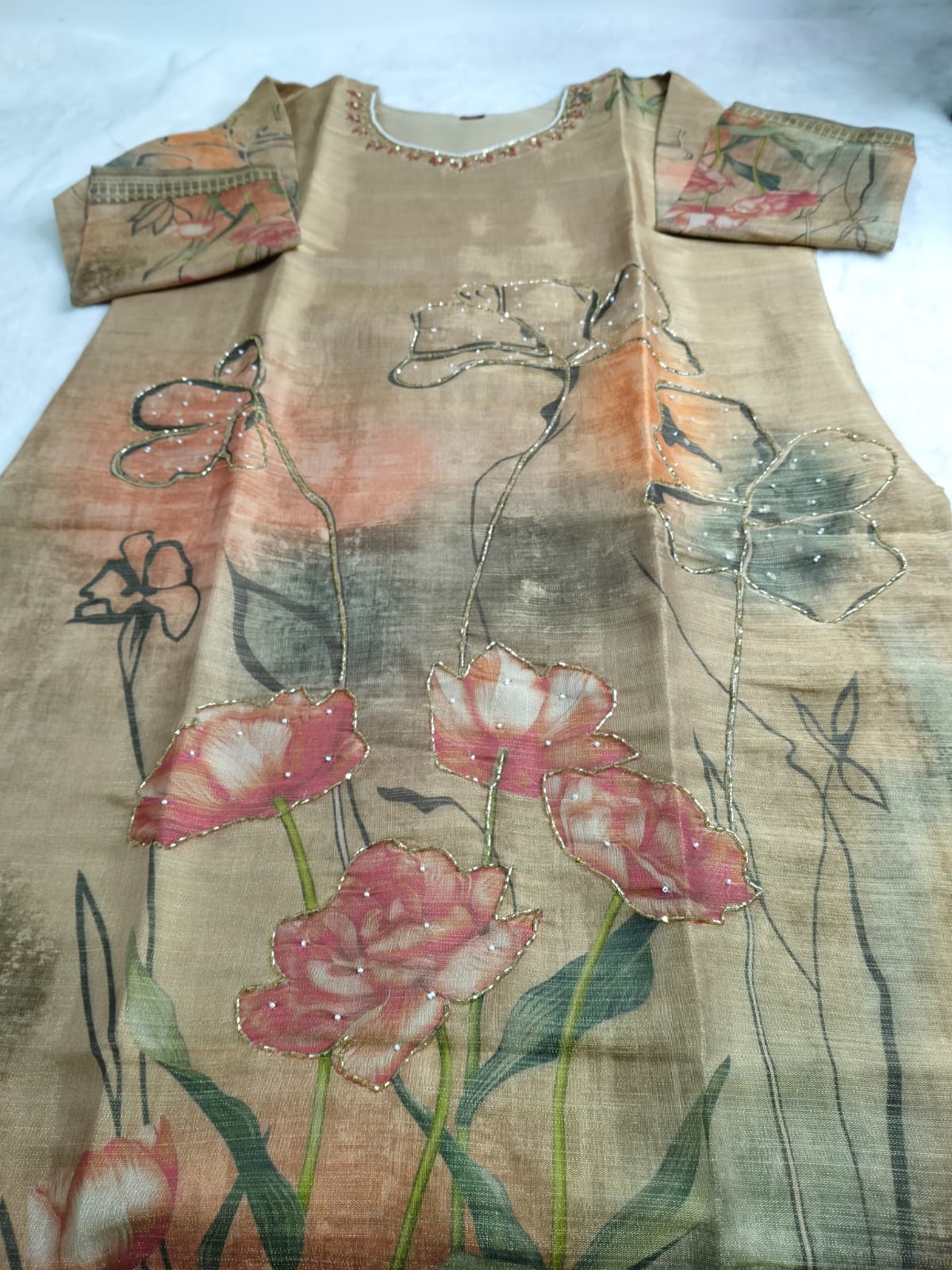 Warm Beige with Peach-Rose Floral Print SilkTouch Kurta Set(Code -RS-23)