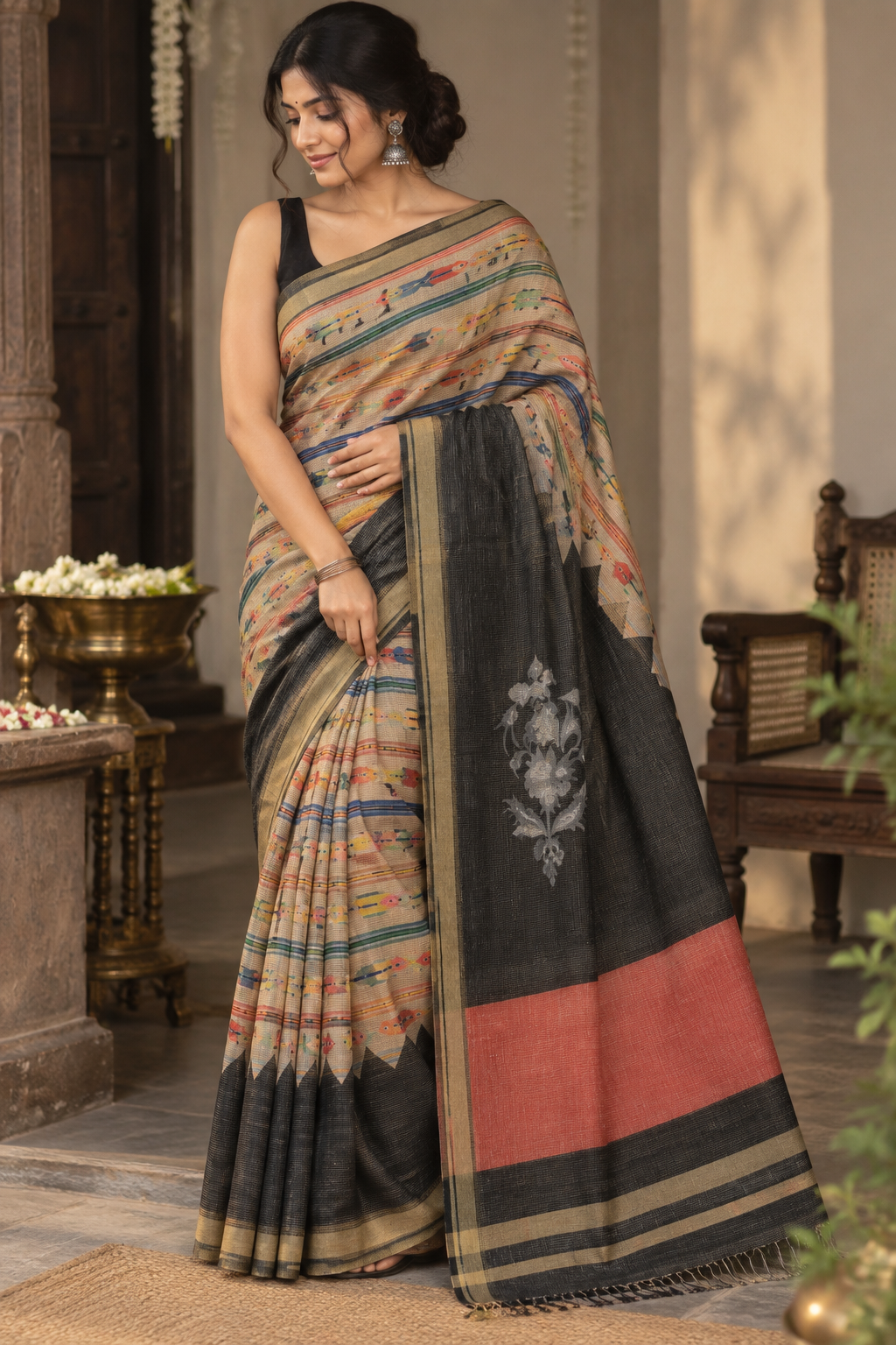 Elegant Beige Saree with Multicolour Fish Motifs, Floral Details & Black Red Woven Border