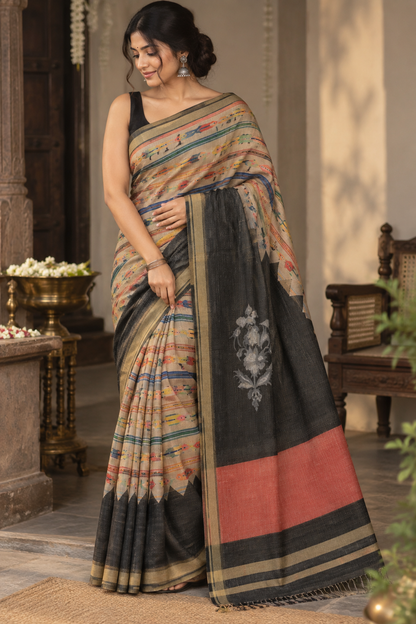 Elegant Beige Saree with Multicolour Fish Motifs, Floral Details & Black Red Woven Border