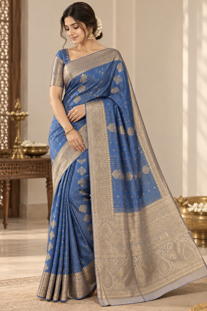Elegant Royal Blue Saree with Silver Zari Paisley Pallu & Floral Butti Motifs
