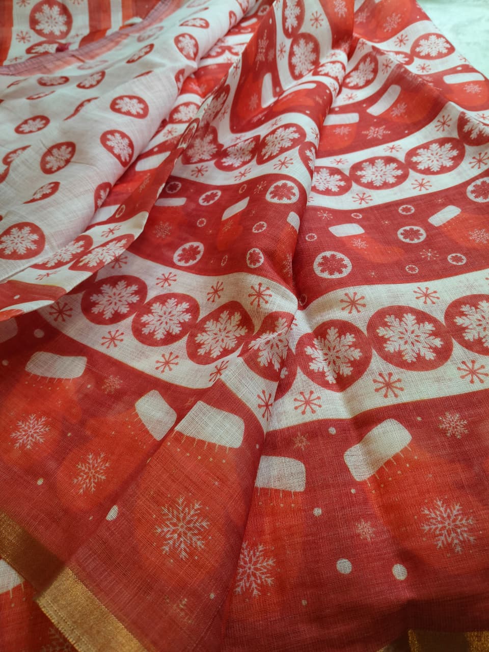 Christmas Special Red Color Linen Sarees (Code - LN-02)