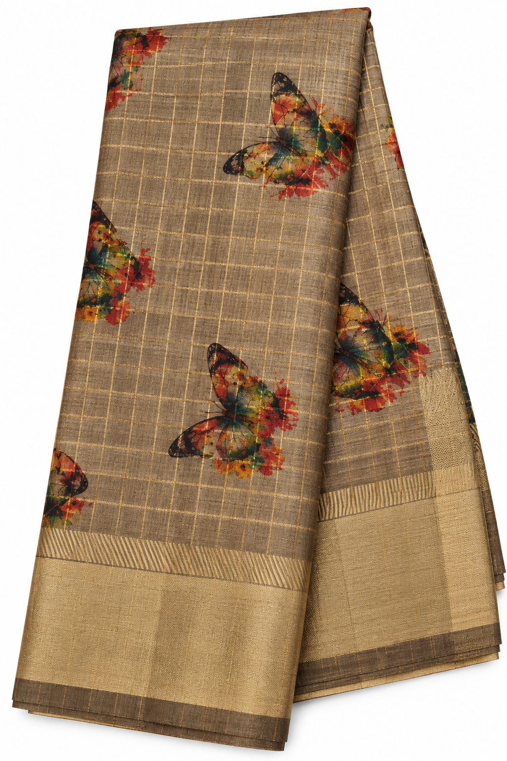 Elegant Brown & Antique Gold Semi Silk Saree with Butterfly Motif & Traditional Woven Border
