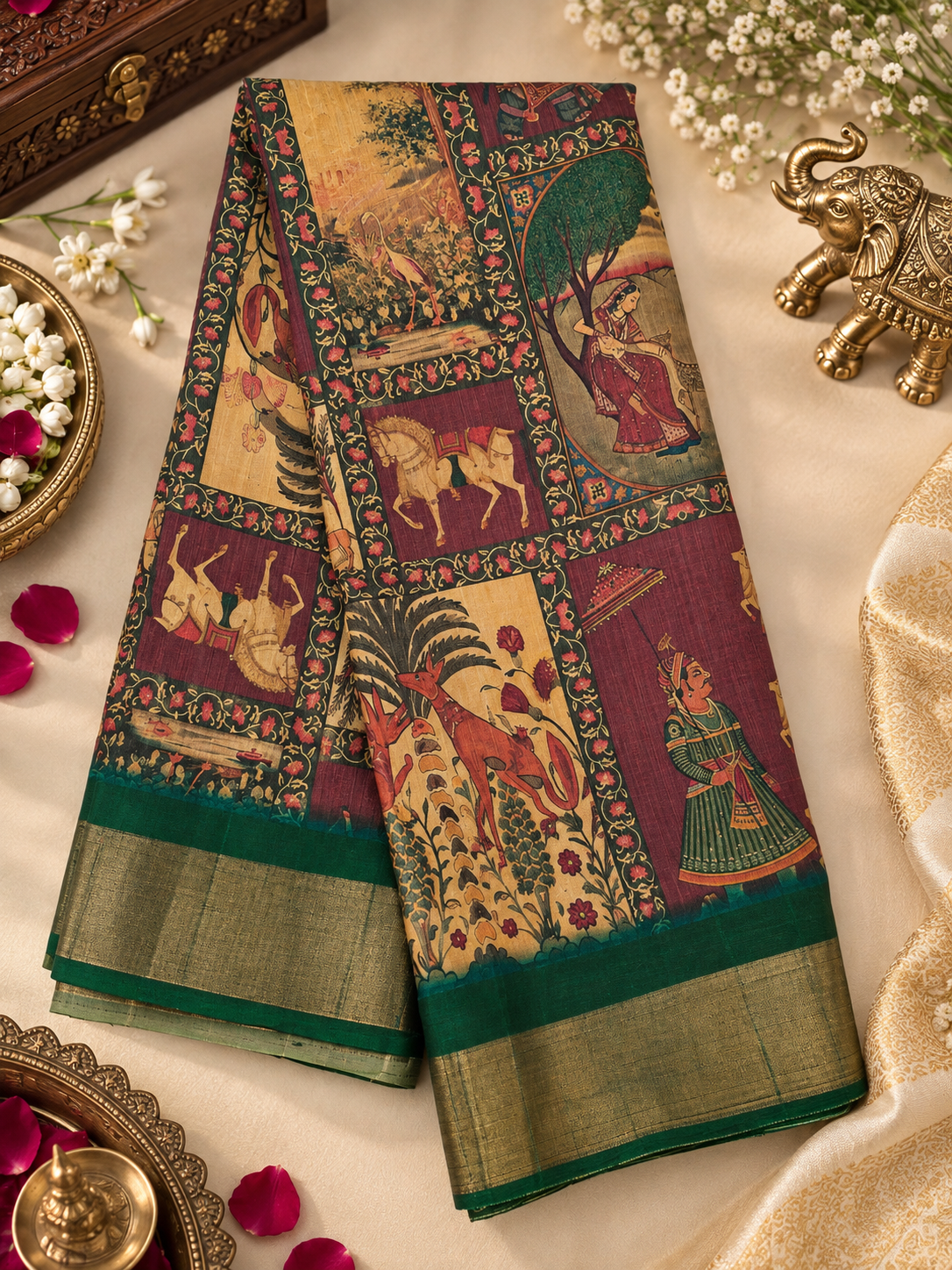 Elegant Maroon & Green Traditional Saree with Kalamkari-Inspired Figurative Motifs & Gold-Toned Border