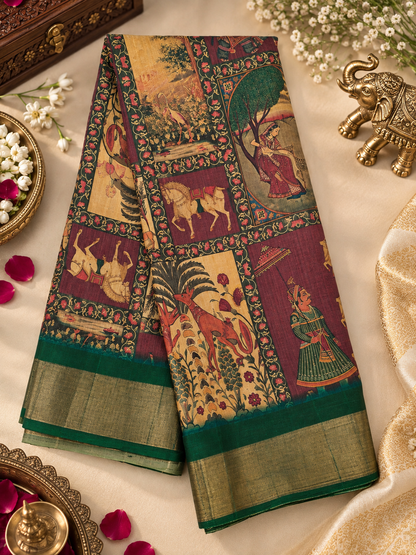 Elegant Maroon & Green Traditional Saree with Kalamkari-Inspired Figurative Motifs & Gold-Toned Border